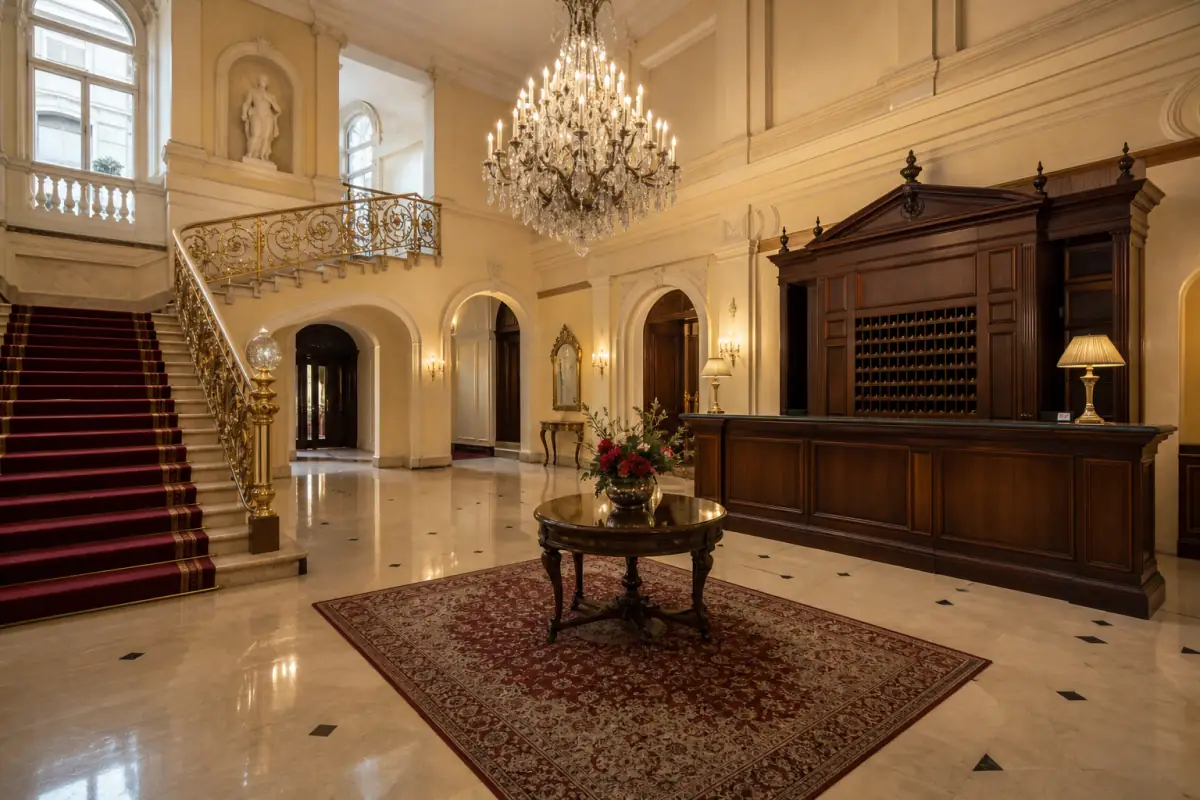 Prázdná vstupní hala hotelu se schodištěm a luštrem